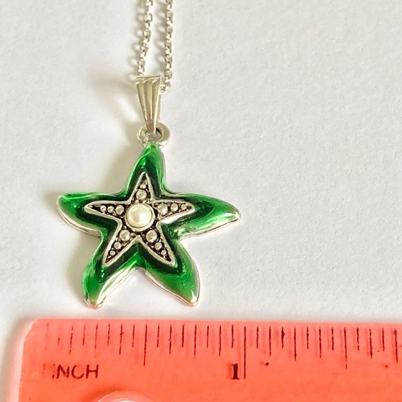 Starfish Necklace Choker Pearl Green Enamel 16-19" Chain Silver Plated Sea Life - Picture 7 of 8